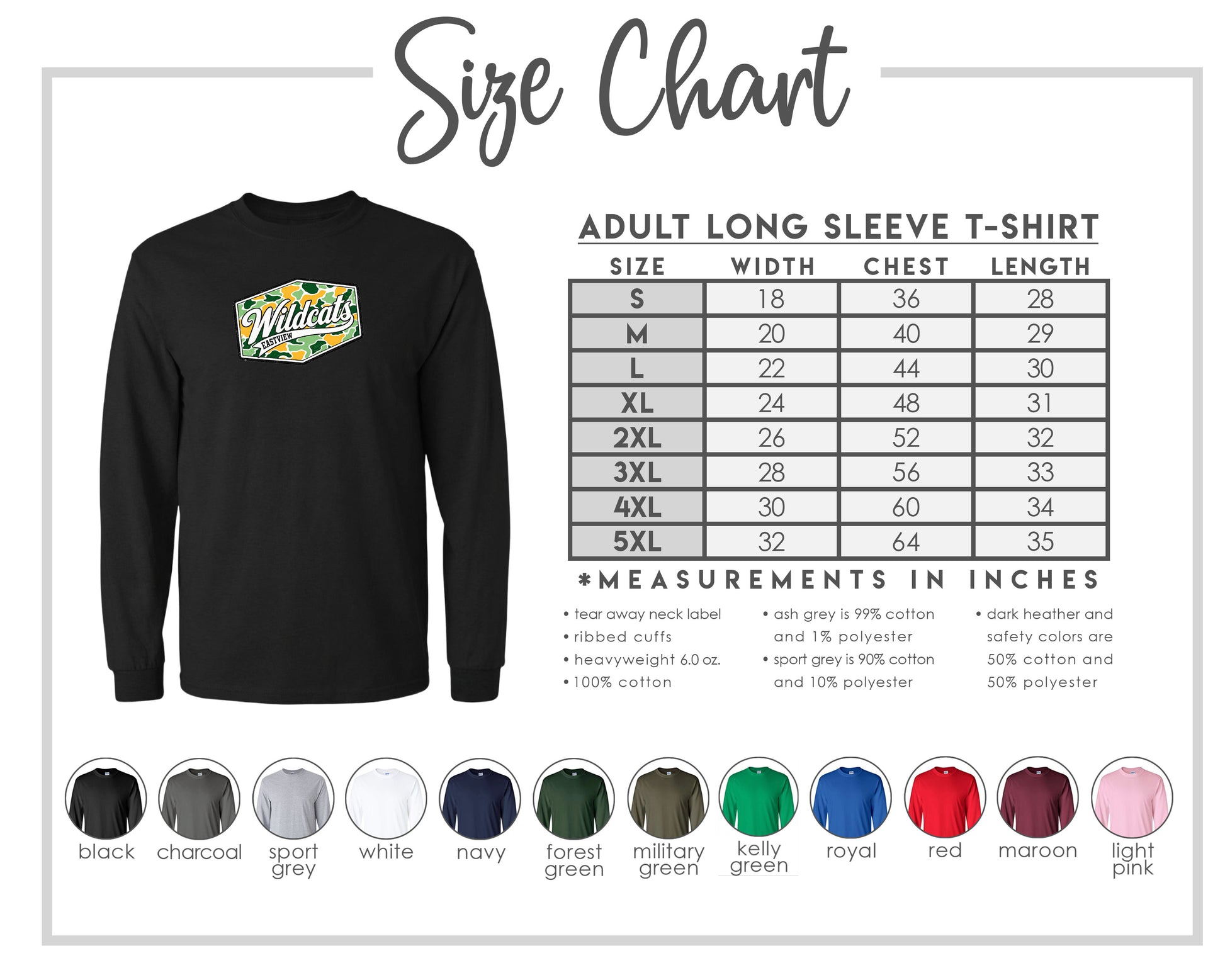 The image is a size chart for an adult long sleeve t-shirt, providing measurements and corresponding shirt colors.
