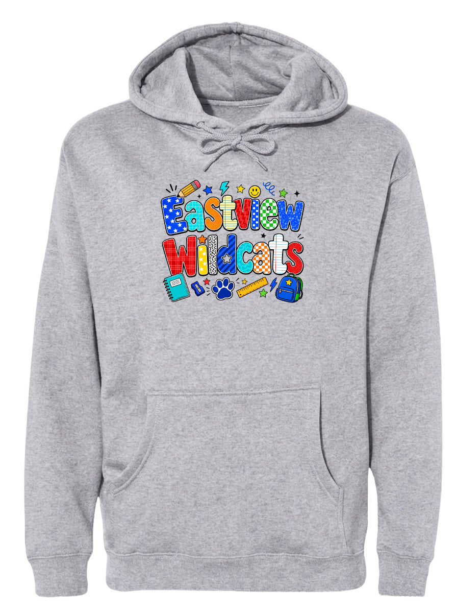 A gray hoodie with a colorful graphic design featuring the text "Eastview Wildcats" and various school-related icons.