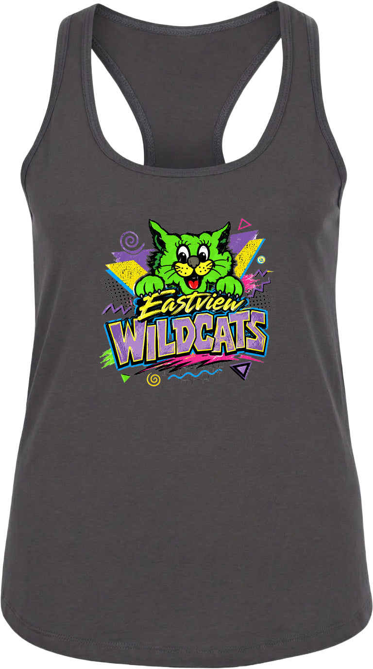 A gray tank top with a colorful graphic design featuring a cartoon cat and the text "Eastview Wildcats".