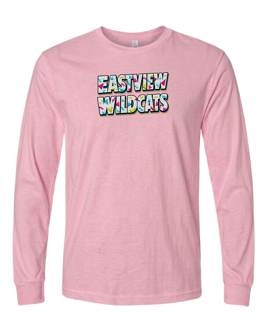 A pink long-sleeved t-shirt with the text "EASTVIEW WILDCATS" printed on it.