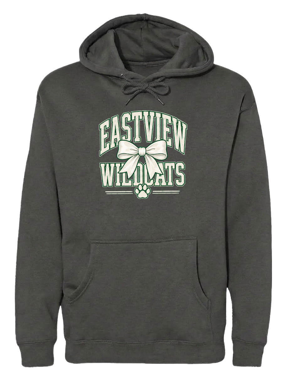 A gray hoodie with a graphic design featuring the text "EASTVIEW WILDCATS" and a white bow.
