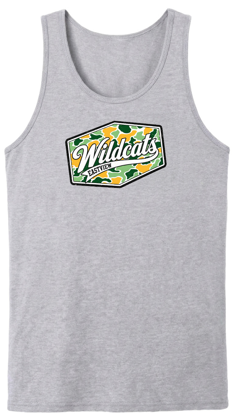 A gray tank top with a graphic design featuring the text "Wildcats" and a camouflage pattern.