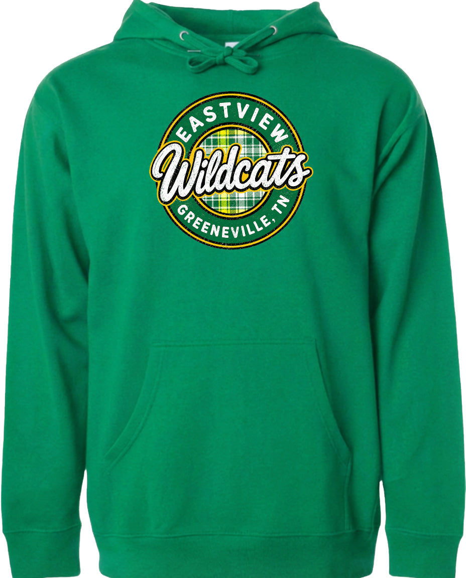 A bright green hoodie with a circular logo on the front.