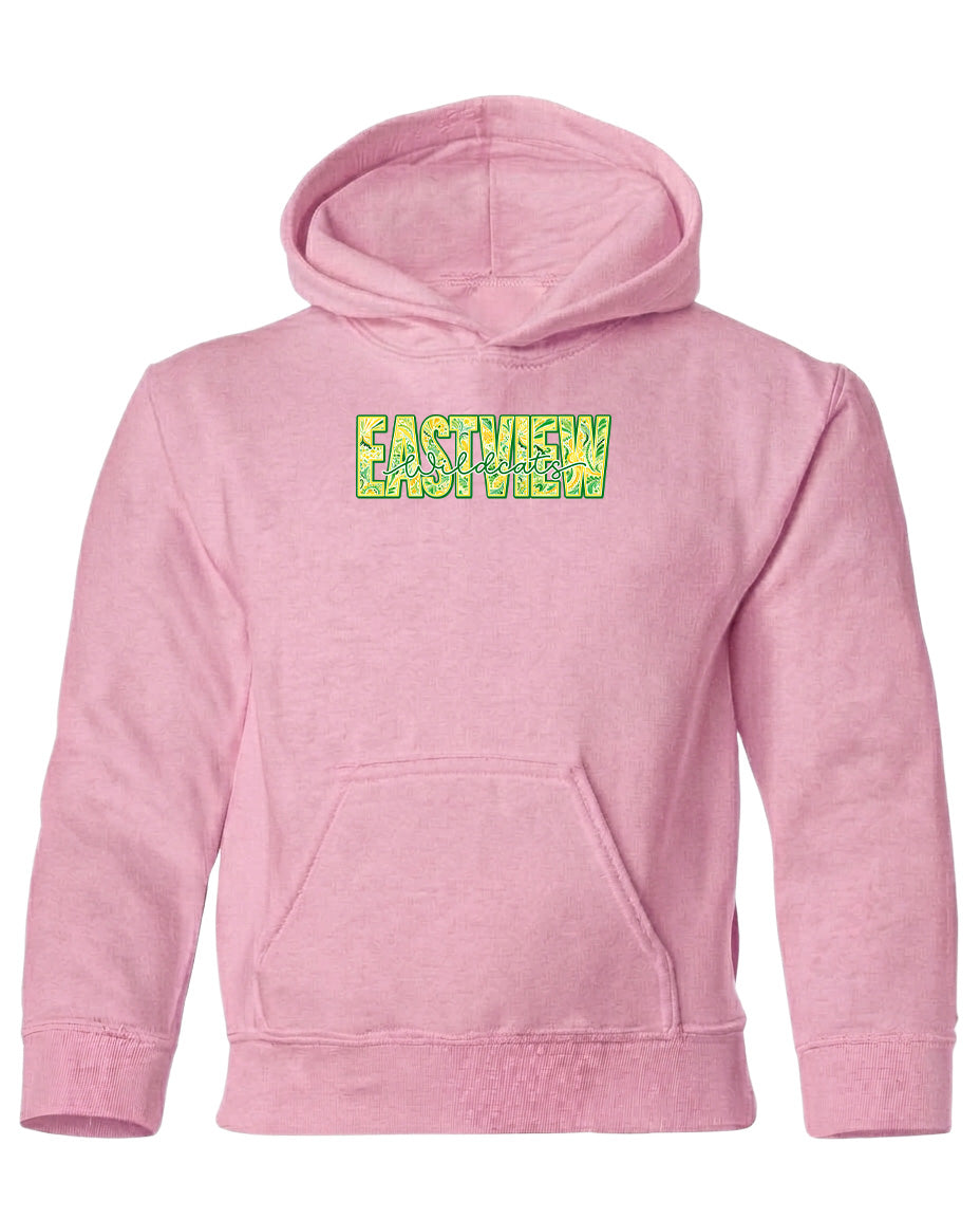 A pink hoodie with the word "EASTVIEW" printed on it in a stylized font.