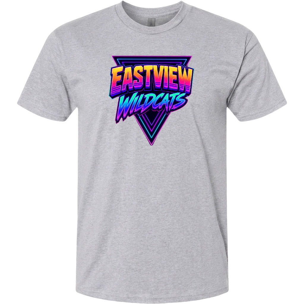 A gray t-shirt with a graphic design featuring the text "EASTVIEW WILDCATS" in a stylized font.