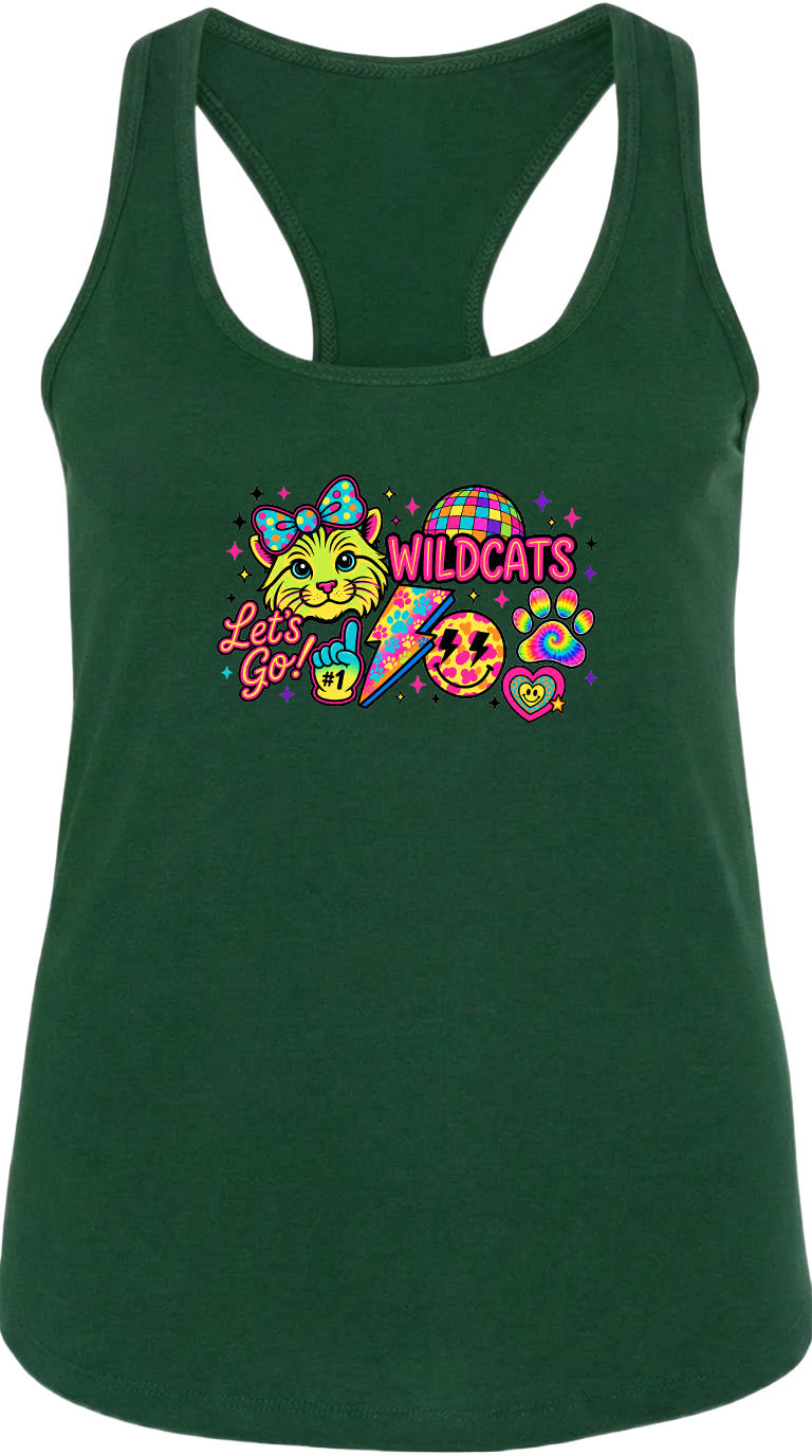 A green tank top with a colorful graphic design featuring a cat, a peace sign, and the text "Wildcats" along with a smiley face.
