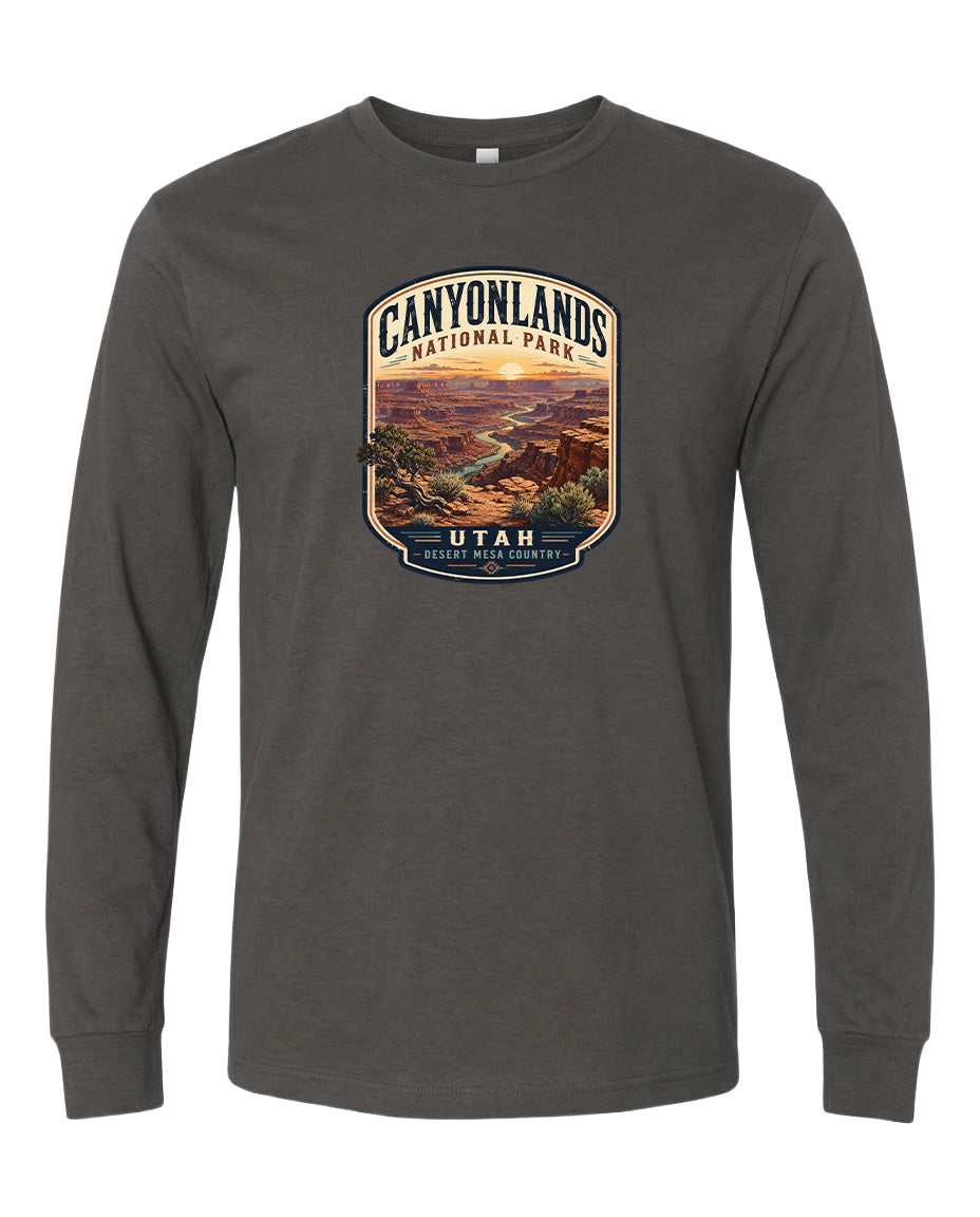 a graphic design of a scenic landscape with mountains and a river, representing the Canyons National Park in Utah.
