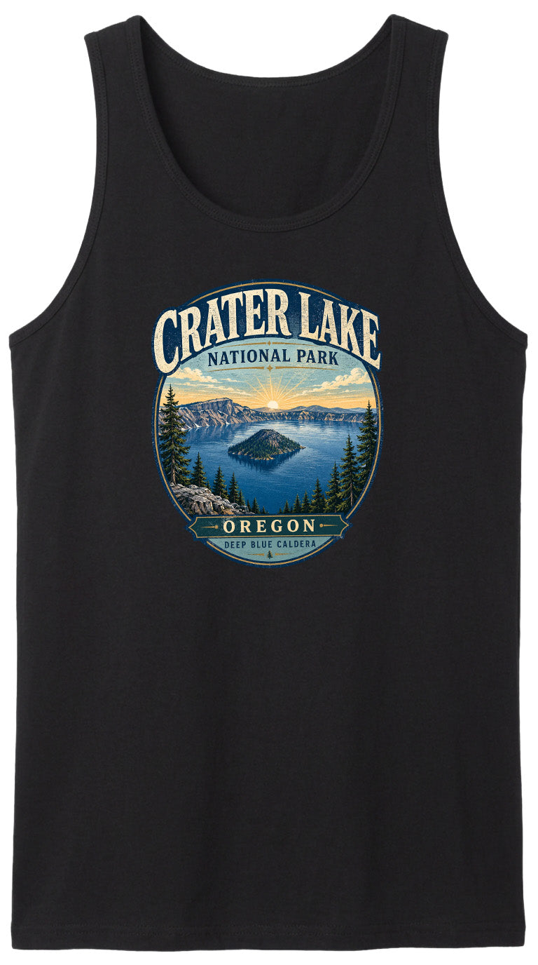 A black tank top with a graphic design depicting Crater Lake National Park in Oregon.