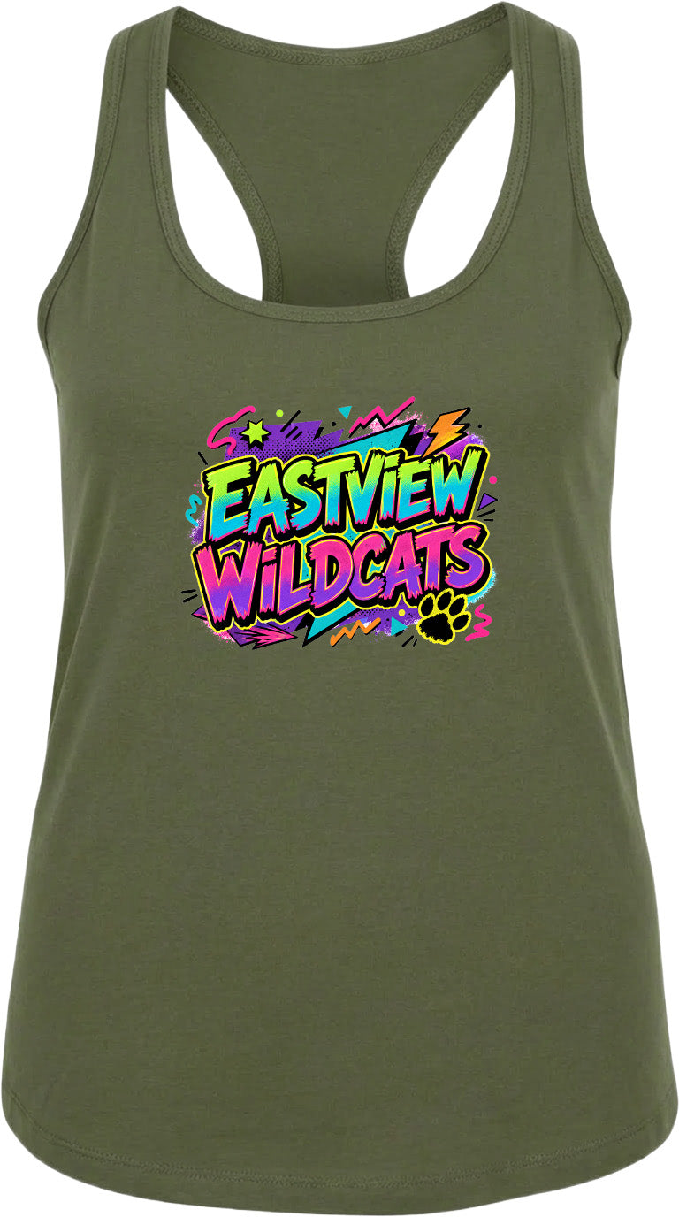 A green tank top with a colorful graphic design featuring the text "EASTVIEW WILDCATS" and a paw print.