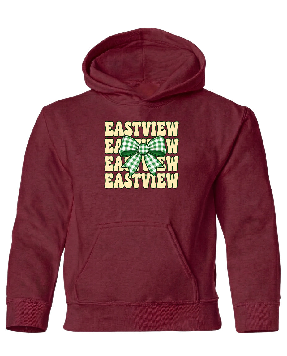 A burgundy-colored hoodie with a graphic design on the front. The design features a green and white checkered bow and the text "EASTVIEW" repeated multiple times in a vertical arrangement.
