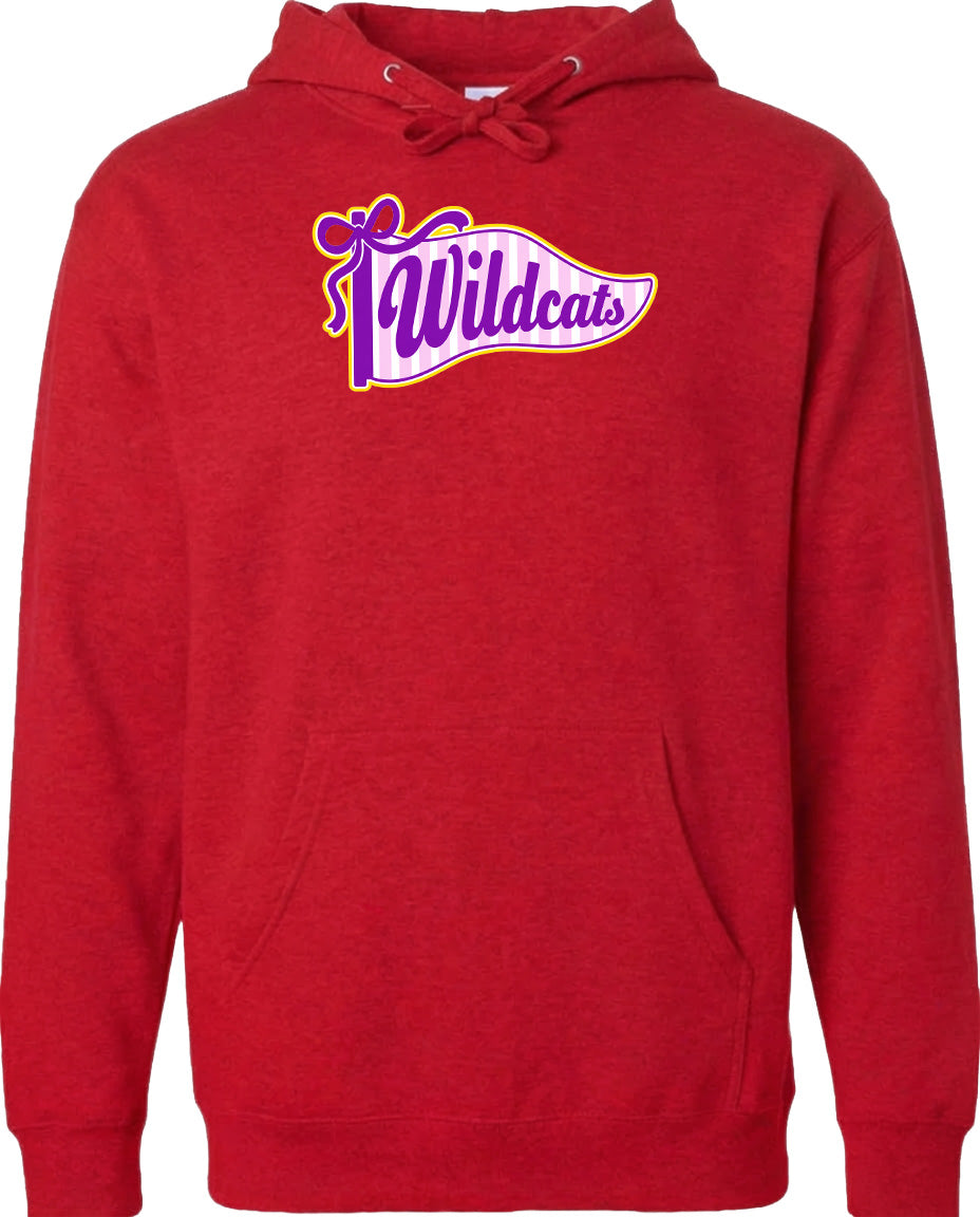 A red hoodie with a graphic design featuring the word "Wildcats" in purple and yellow colors.