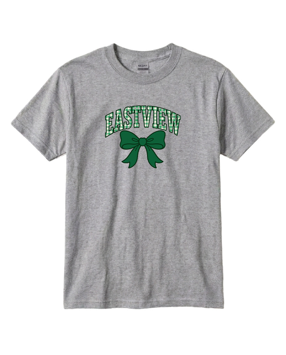 A gray t-shirt with a green bow and the text "EASTVIEW" printed on it.