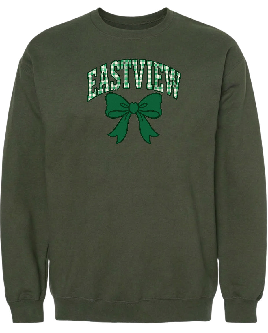 A dark green sweatshirt with a green bow and the word "EASTVIEW" printed on it.