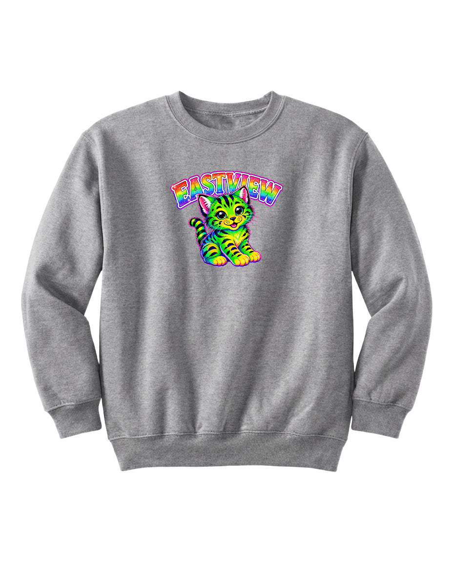 A gray sweatshirt with a colorful graphic of a cat and the word "EASTVIEW" printed on it.