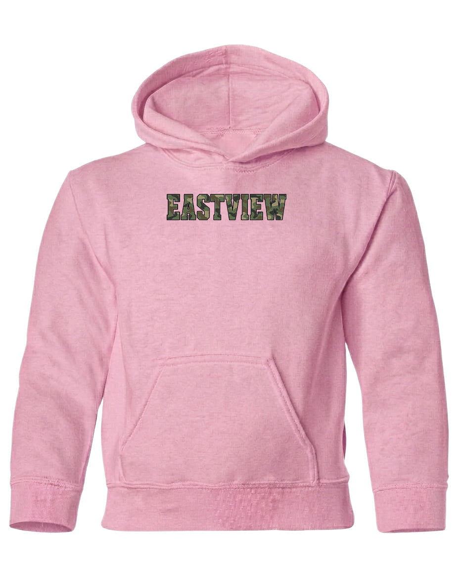 A pink hoodie with the word "EASTVIEW" printed on it.