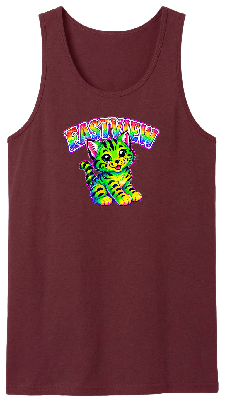 A maroon tank top with a colorful graphic of a cat and the text "EASTVIEW" printed on it.