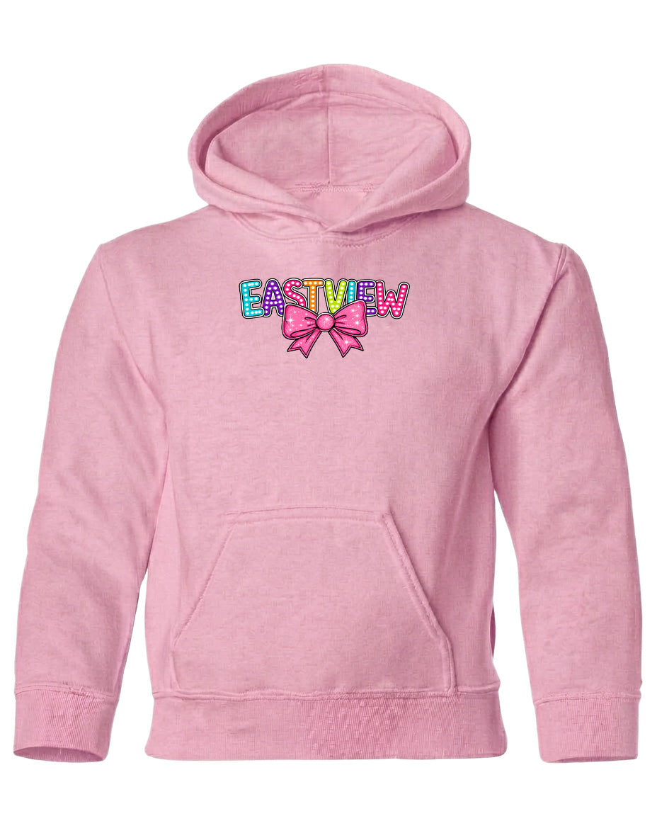 A pink hoodie with a colorful bow and the word "EASTVIEW" printed on it.