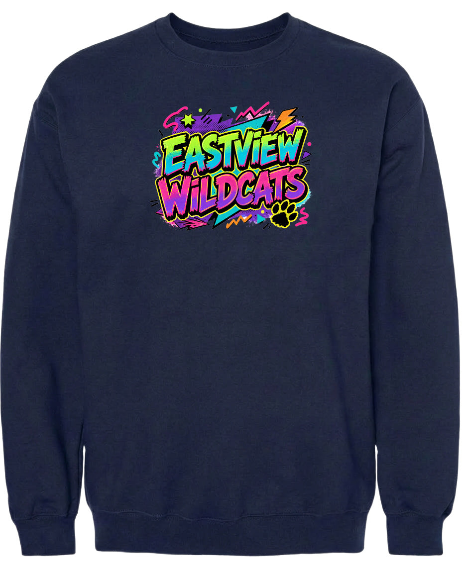 A navy blue sweatshirt with a colorful graphic design featuring the text "EASTVIEW WILDCATS" and various stylized elements.
