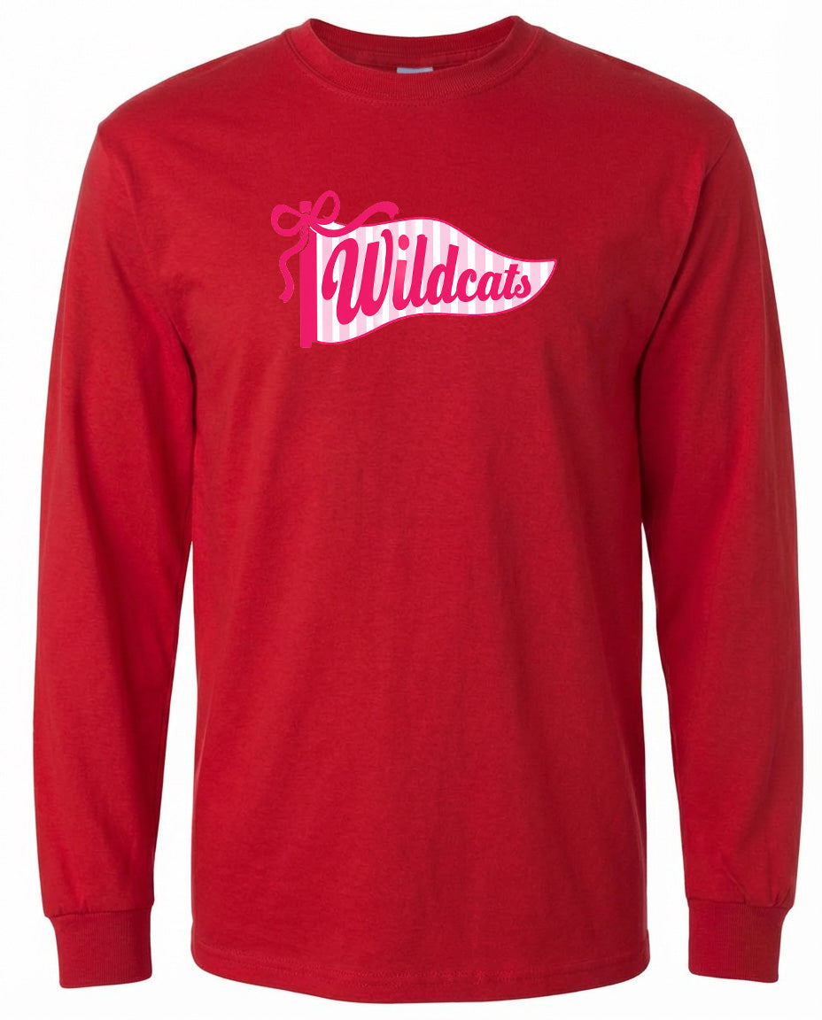 A red long-sleeved t-shirt with a pink and white banner design featuring the word "Wildcats" printed on it.