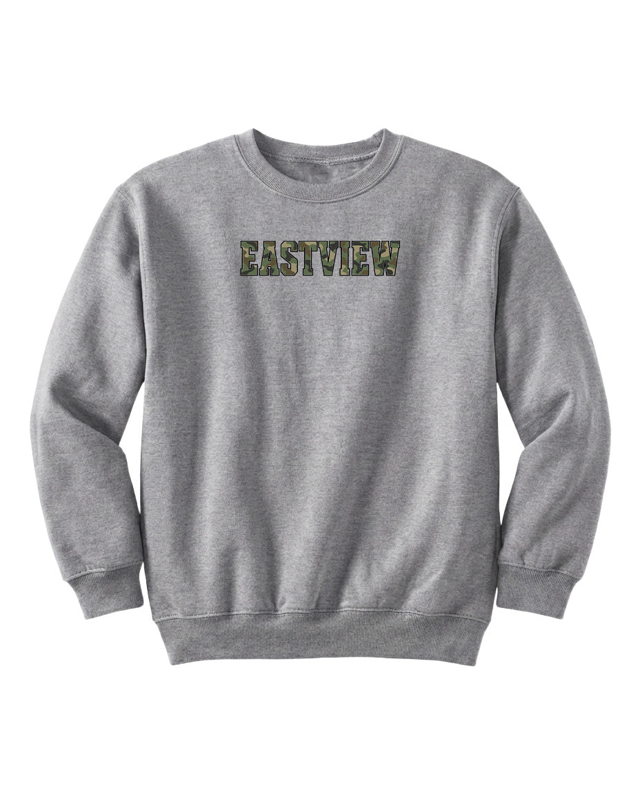 A gray sweatshirt with the word "EASTVIEW" printed on it in a camouflage pattern.
