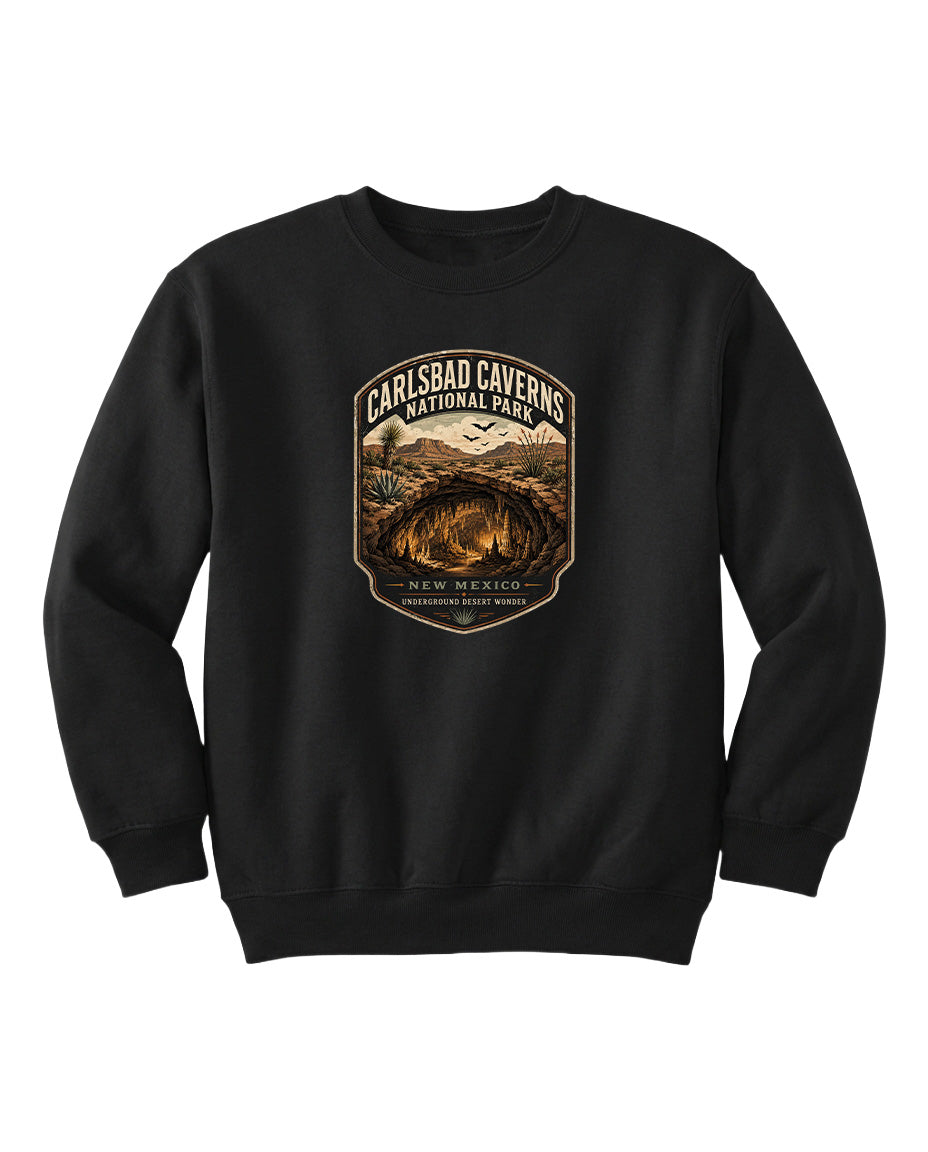 A black sweatshirt with a graphic design featuring a desert landscape and the text "CARLSBAD CAVENS NATIONAL PARK NEW MEXICO UNDERGROUND WONDER".