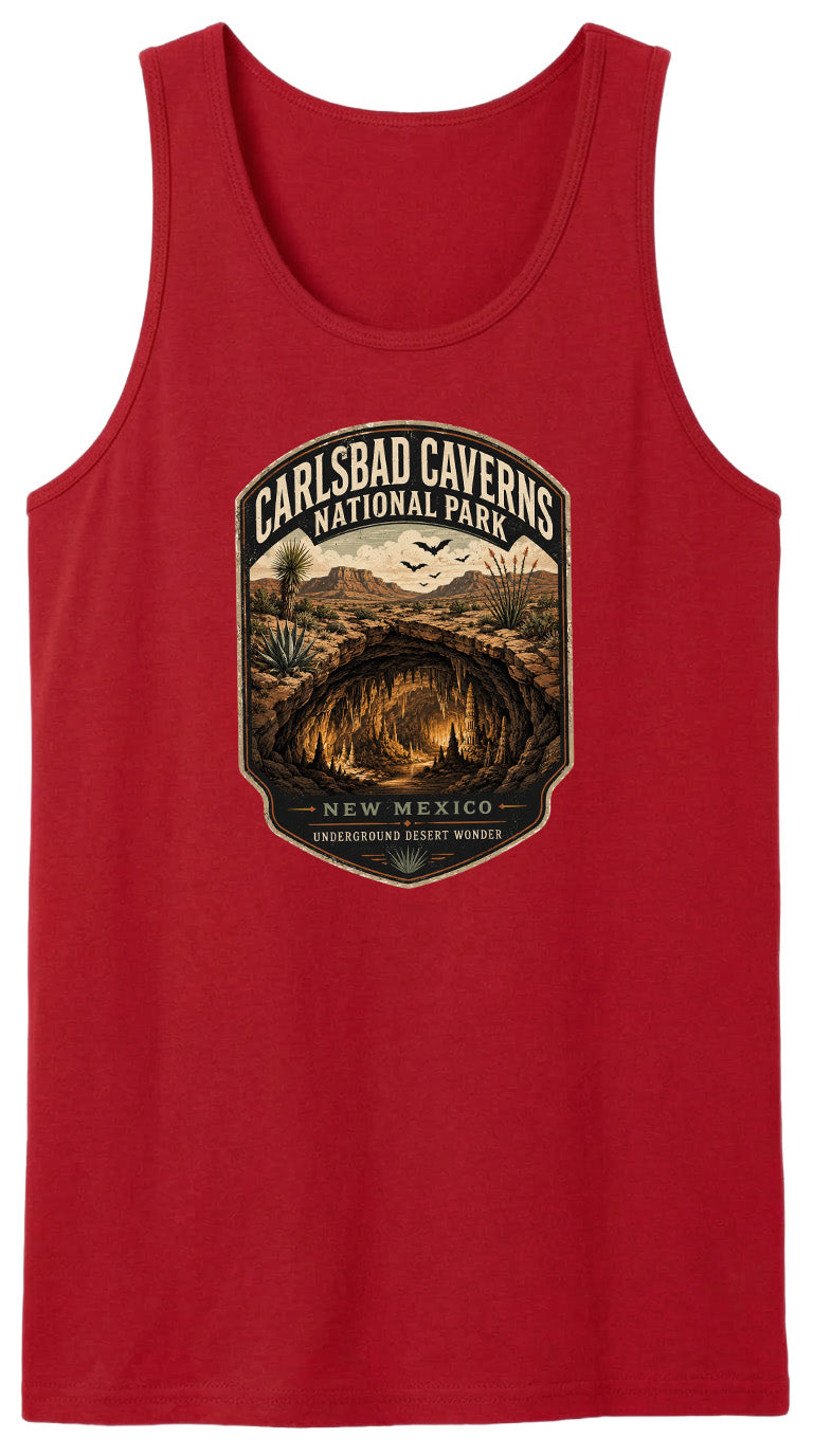 A red tank top with a graphic design depicting the Carlsbad Caves National Park in New Mexico, featuring a cave with bats flying around it.