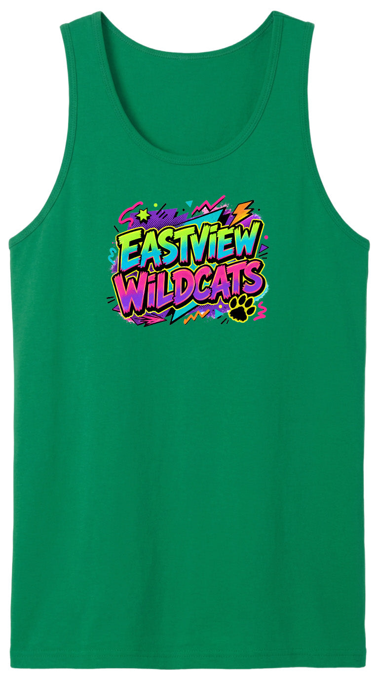 A green tank top with a colorful graphic design featuring the text "EASTVIEW WILDCATS" in a vibrant, graffiti-style font.