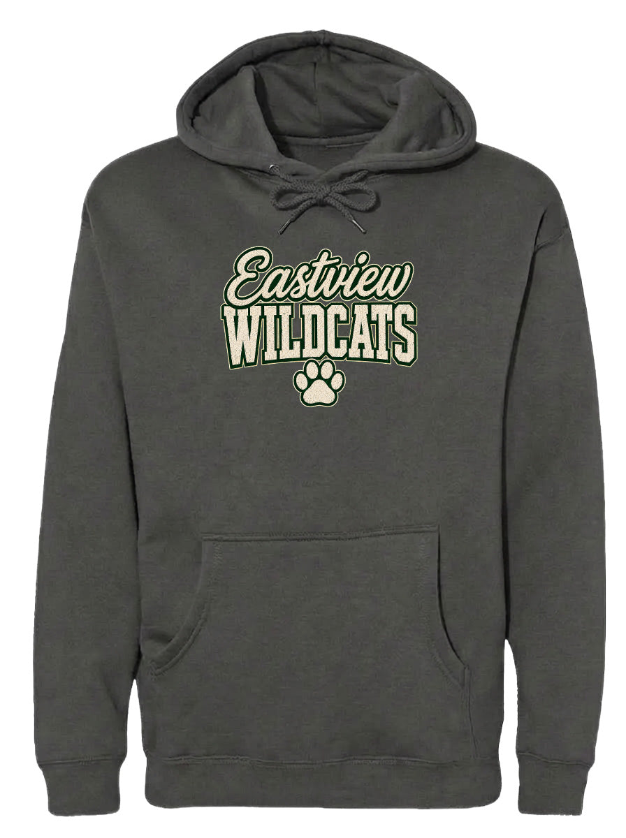 A gray hoodie with the text "Eastview Wildcats" printed on it.