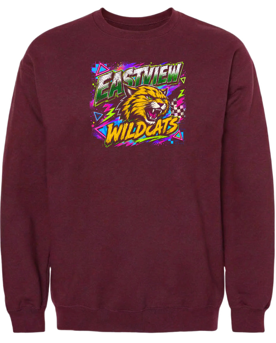 A burgundy sweatshirt with a graphic design featuring a fierce-looking cat and the text "EASTVIEW WILDCATS".