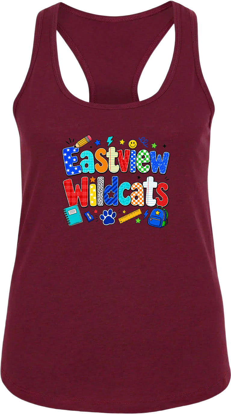 A burgundy-colored tank top with a colorful graphic design featuring the text "Eastview Wildcats" and various school-related icons such as a backpack, pencils, and a smiley face.