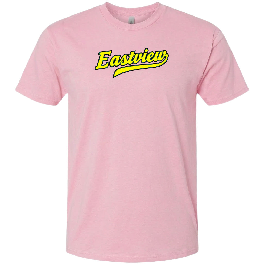 A pink t-shirt with the word "Eastview" printed in yellow on it.
