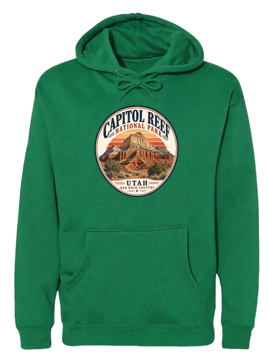 A green hoodie with a circular design featuring the Capitol Reef National Park and Utah.
