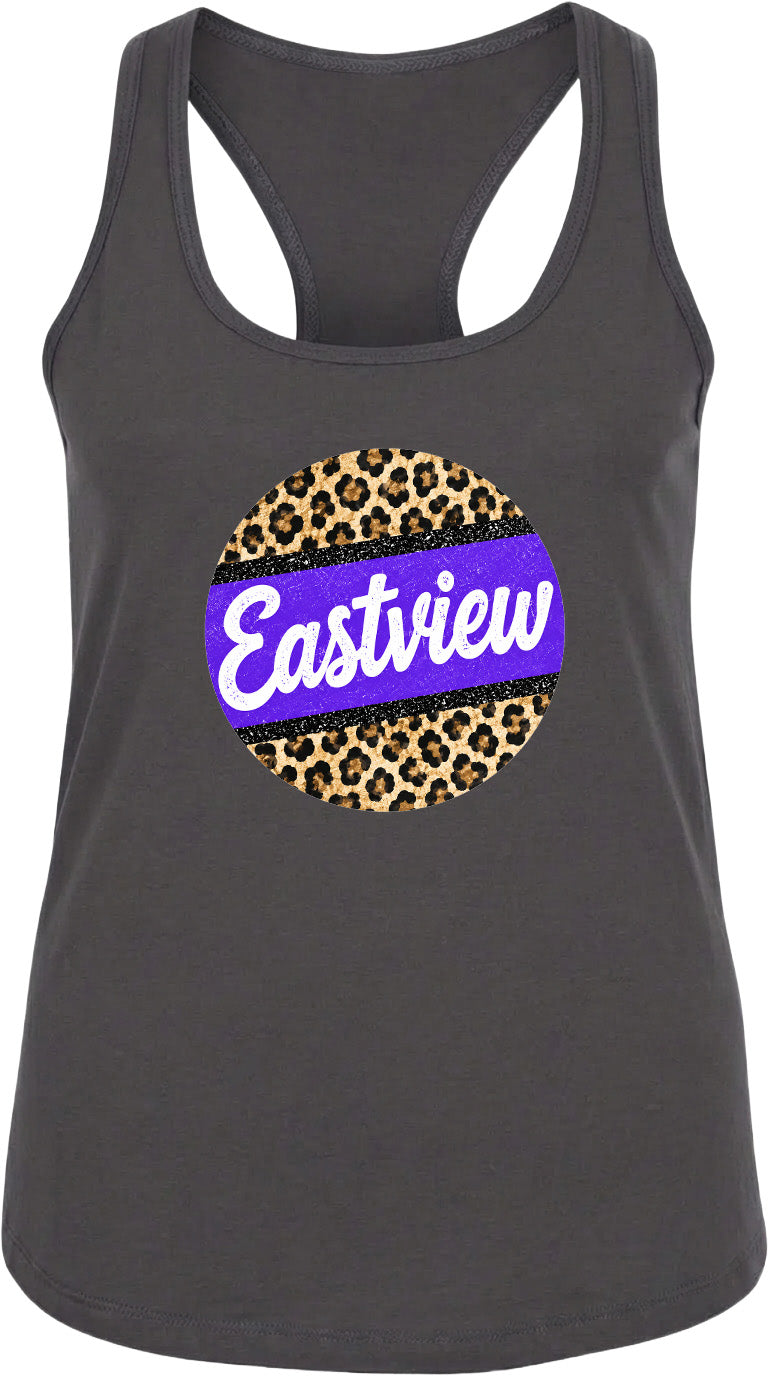 A gray tank top with a leopard print design and the word "Eastview" printed on it.