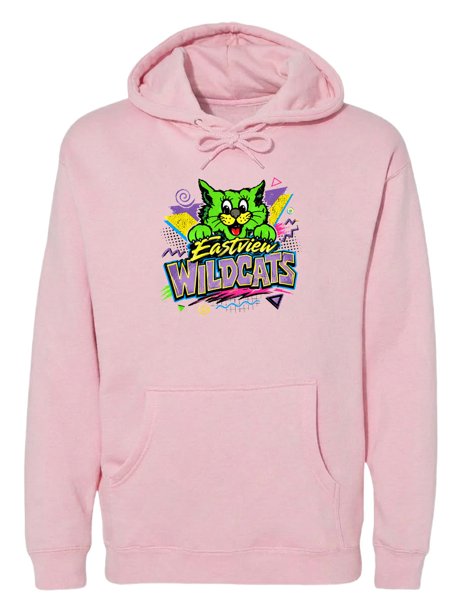 A pink hoodie with a graphic design featuring a cartoon cat and the text "EASTVIEW WILDCATS".