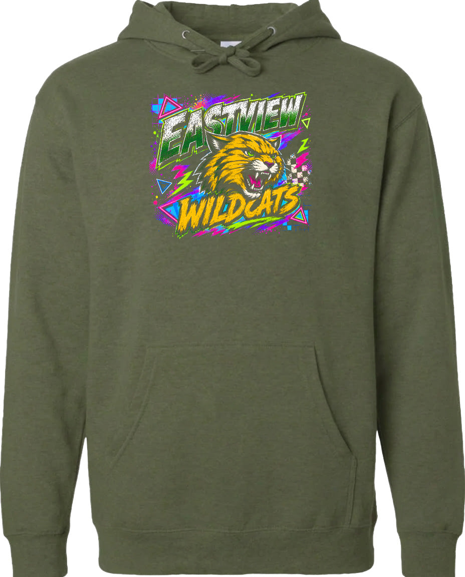 A hoodie with a graphic design featuring a cartoon-like wildcat's head and the text "EASTVIEW WILDCATS" in a colorful, retro-style font.