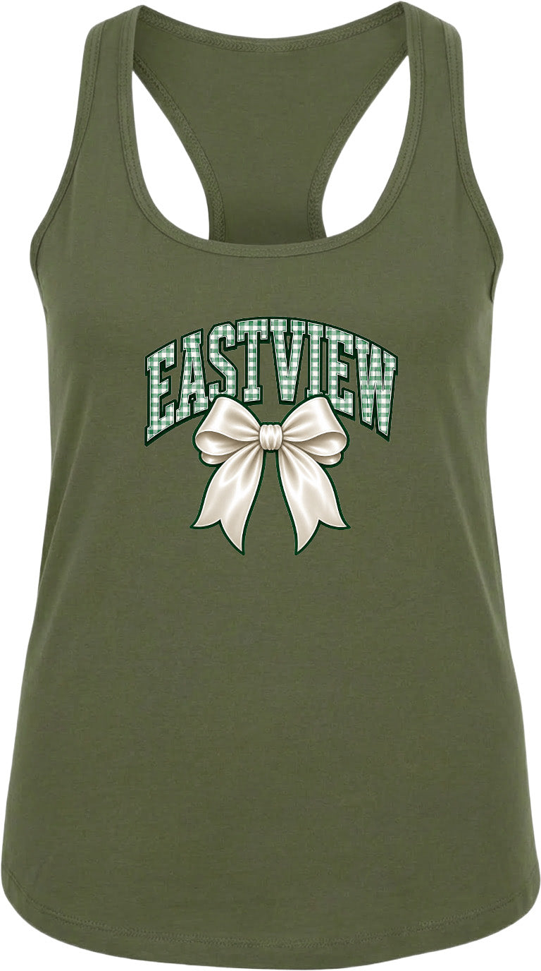 A green tank top with a bow and the text "EASTVIEW" printed on it.