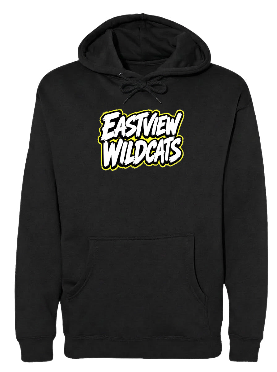 A black hoodie with a yellow and white logo that says "Eastview Wildcats".