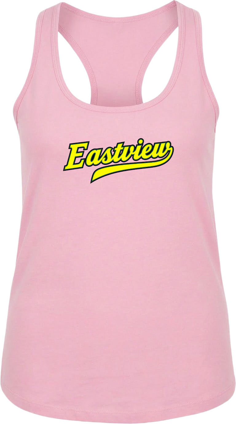 A pink tank top with the word "Eastview" printed in yellow on it.