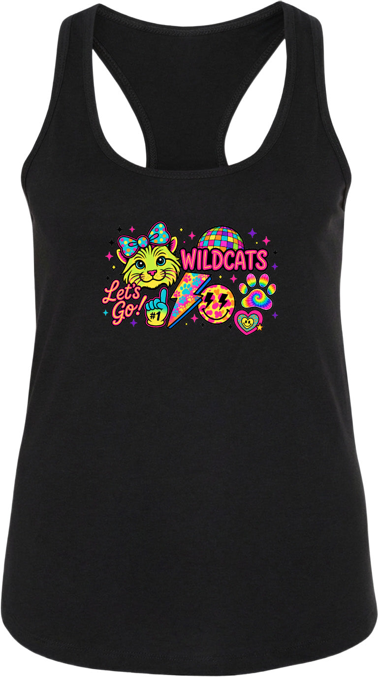 A black tank top with a colorful graphic design featuring a cat, a lightning bolt, and various other elements.