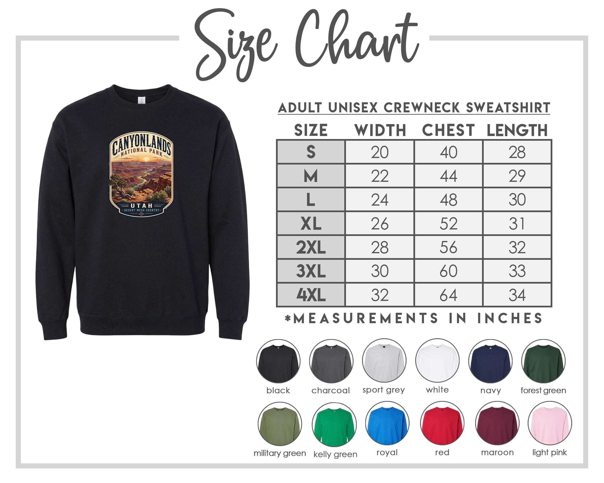 The image is a size chart for an adult unisex crewneck sweatshirt. It includes a black sweatshirt with a graphic design and a table with size and chest length measurements.