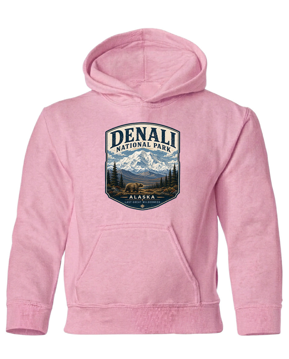 A pink hoodie with a graphic design depicting Denali National Park and Alaska.