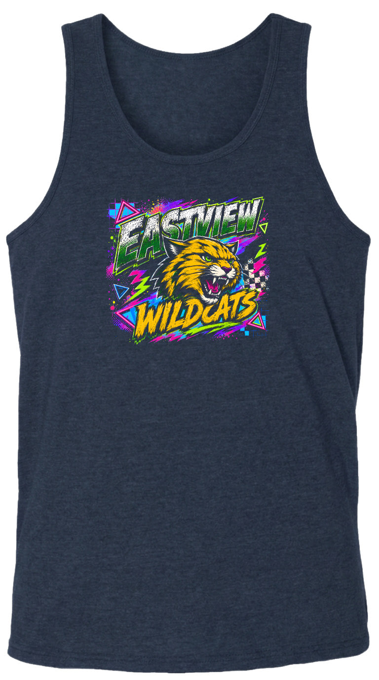 A dark blue tank top with a graphic design featuring a cartoon-like wildcat's head surrounded by colorful, abstract shapes and text.