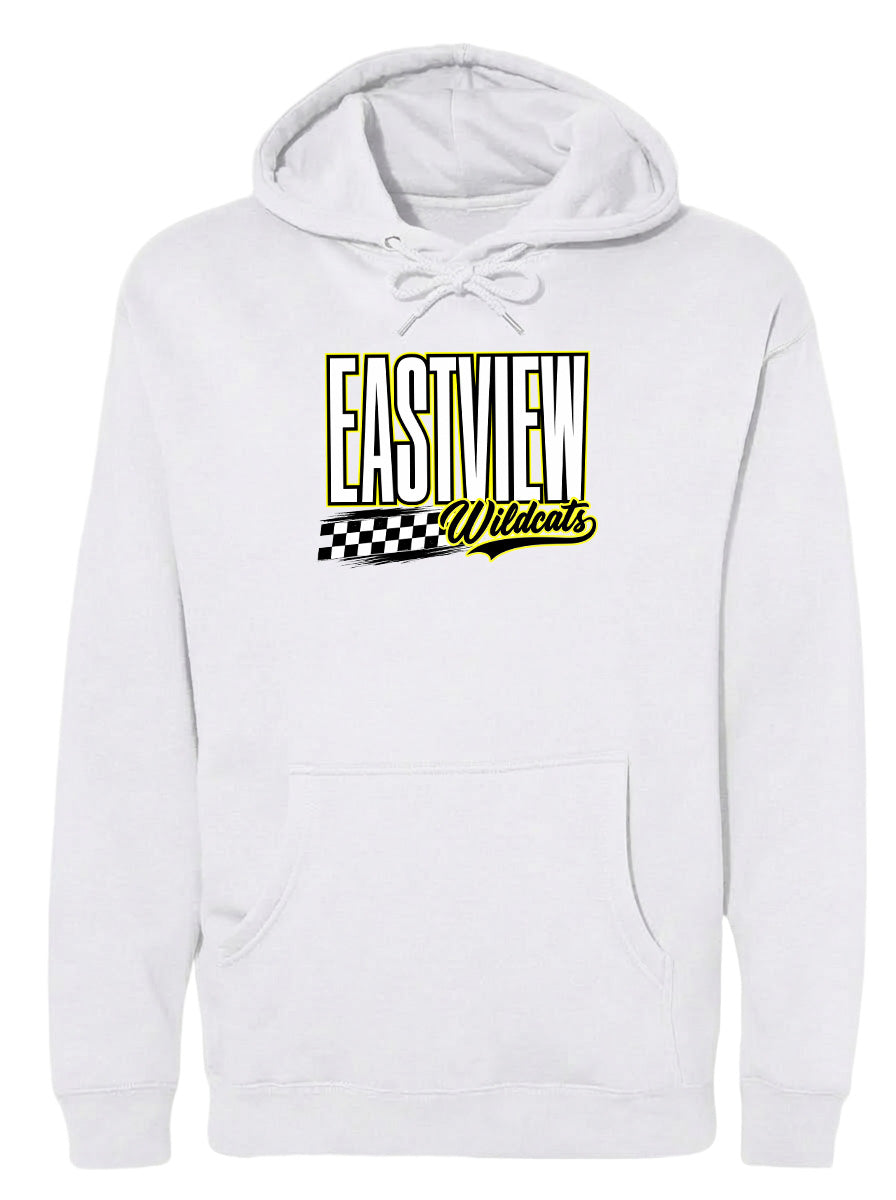 A white hoodie with a graphic design on the front.