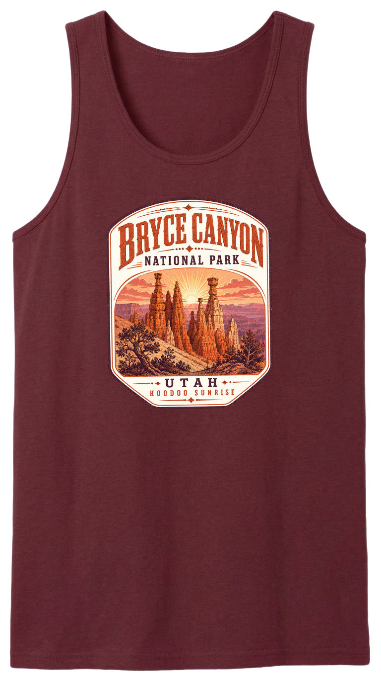 A red tank top with a graphic design depicting Bryce Canyon National Park and Utah.