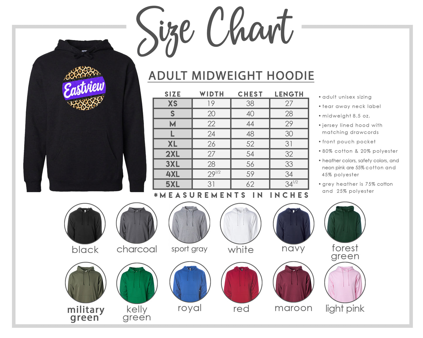 The image is a size chart for an adult midweight hoodie, including various color options and corresponding measurements in inches.