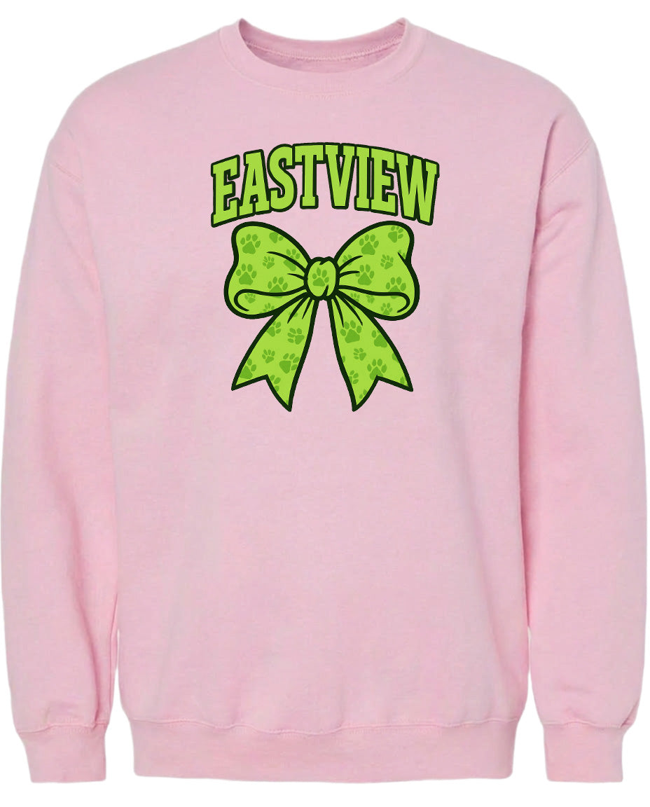 A pink sweatshirt with a green bow and the word "EASTVIEW" printed on it.