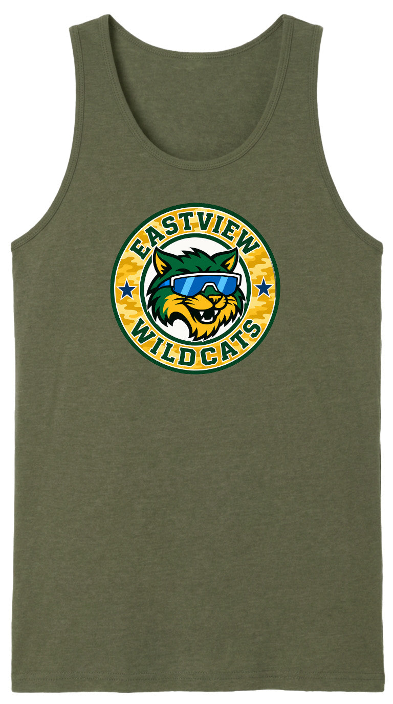 A green tank top with a circular logo featuring a cartoon cat wearing sunglasses and the text "EASTVIEW WILDCATS".