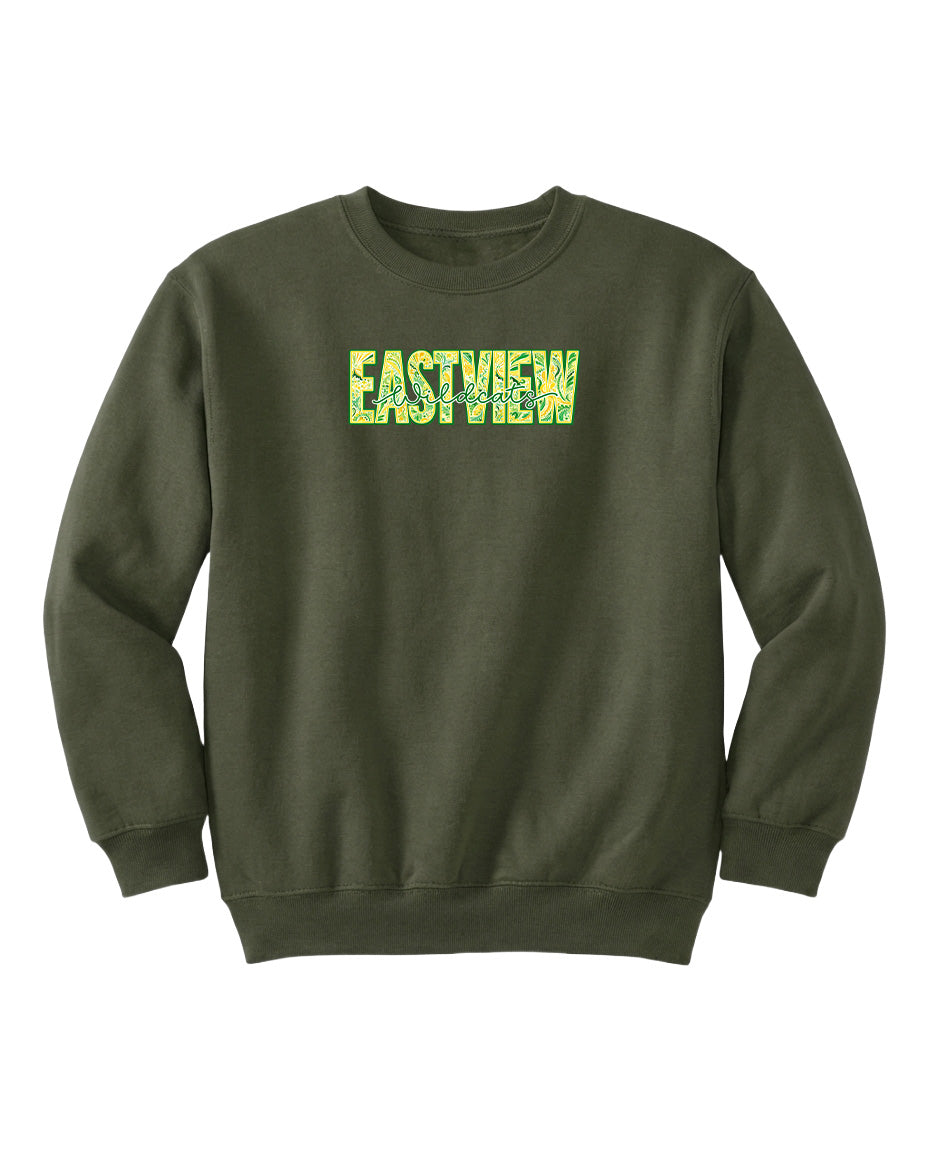 A dark green sweatshirt with the word "EASTVIEW" printed in yellow letters across the chest.