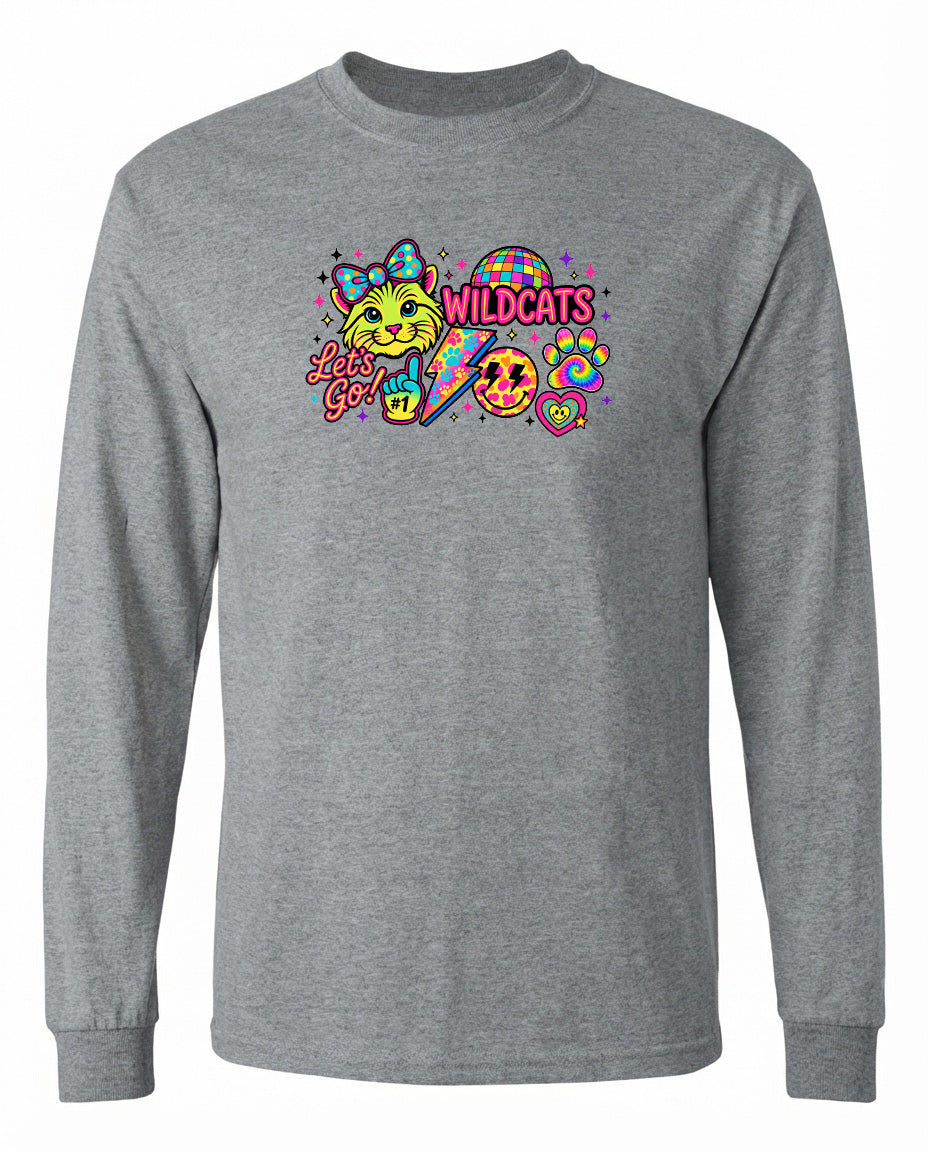 A gray long-sleeved shirt with a colorful graphic design featuring a cat, a smiley face, and the text "Let's Go" along with the word "WILDCATS".