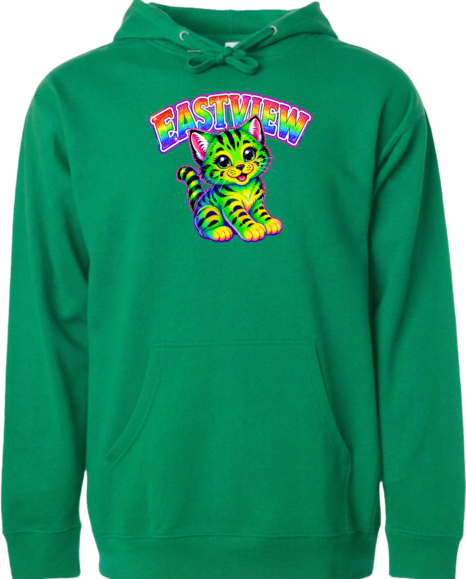 A green hoodie with a colorful graphic of a cat and the text "EASTVIEW" printed on it.